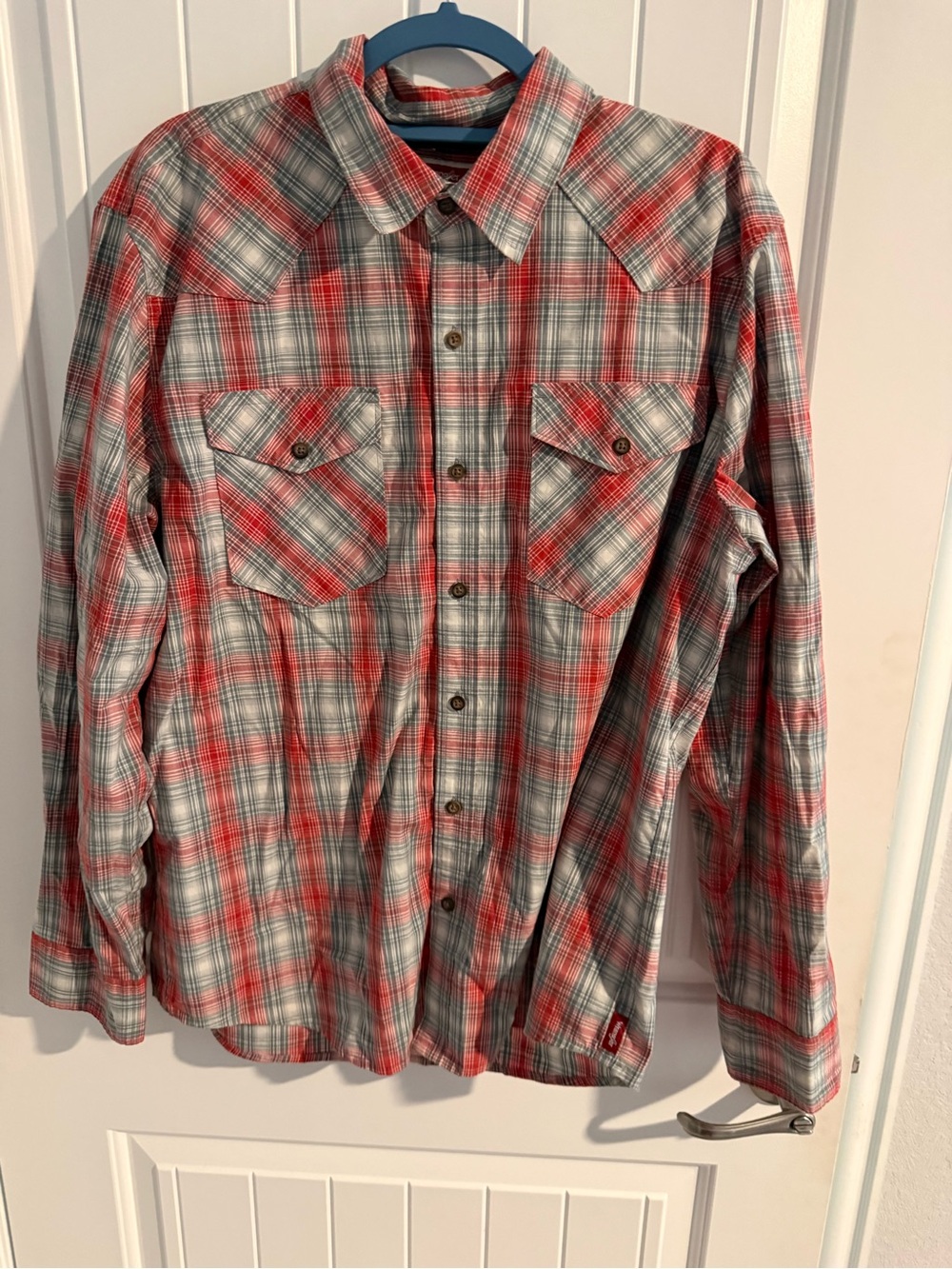 Wrangler Men’s Large Plaid Western Button Front Shirt Red Gray Long Sleeve